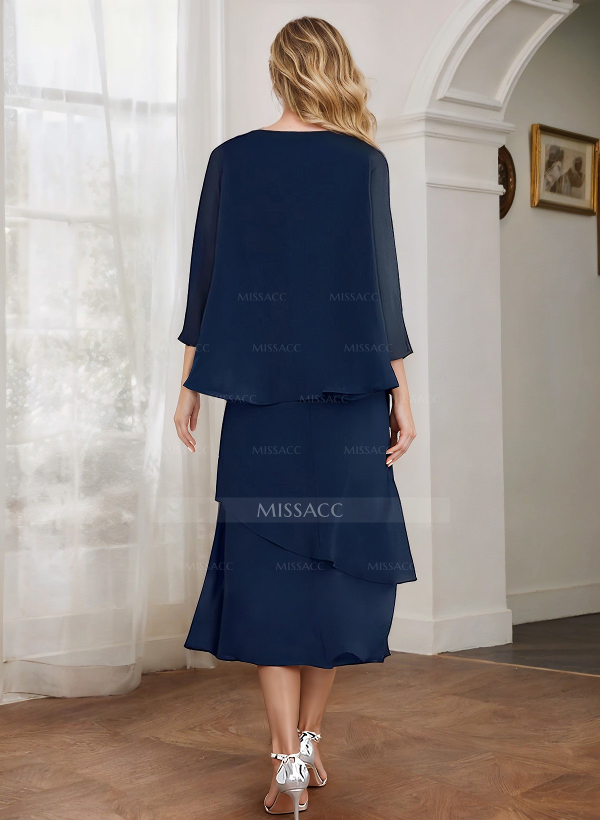 Sheath 3/4 Sleeves Mother Of The Bride Dresses With Chiffon Tea-Length Cascading Ruffles And Jacket