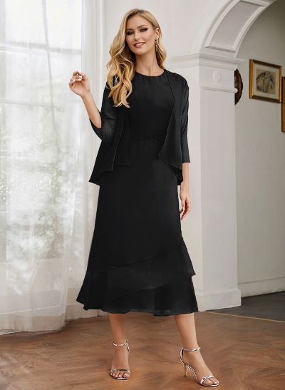 Sheath 3/4 Sleeves Mother Of The Bride Dresses With Chiffon Tea-Length Cascading Ruffles And Jacket