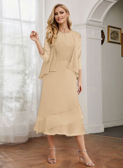 Sheath 3/4 Sleeves Mother Of The Bride Dresses With Chiffon Tea-Length Cascading Ruffles And Jacket