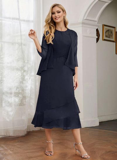 Sheath 3/4 Sleeves Mother Of The Bride Dresses With Chiffon Tea-Length Cascading Ruffles And Jacket