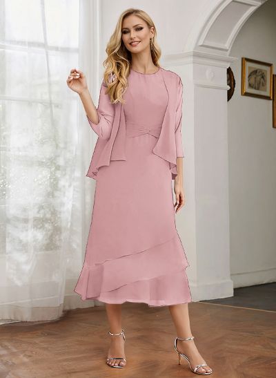 Sheath 3/4 Sleeves Mother Of The Bride Dresses With Chiffon Tea-Length Cascading Ruffles And Jacket