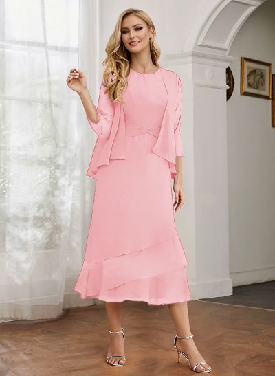 Sheath 3/4 Sleeves Mother Of The Bride Dresses With Chiffon Tea-Length Cascading Ruffles And Jacket