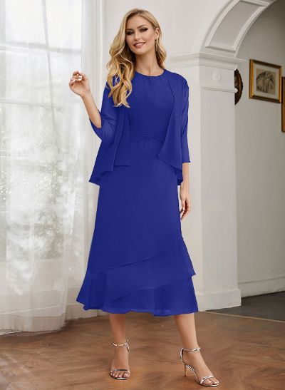 Sheath 3/4 Sleeves Mother Of The Bride Dresses With Chiffon Tea-Length Cascading Ruffles And Jacket