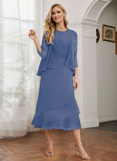 Sheath 3/4 Sleeves Mother Of The Bride Dresses With Chiffon Tea-Length Cascading Ruffles And Jacket