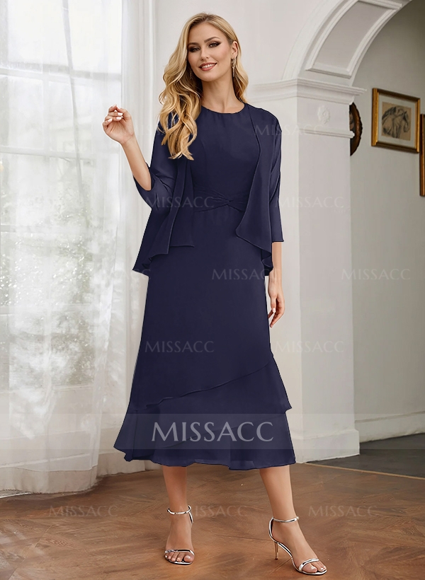 Sheath 3/4 Sleeves Mother Of The Bride Dresses With Chiffon Tea-Length Cascading Ruffles And Jacket