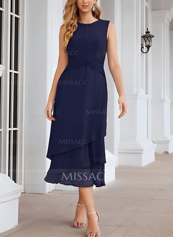 Sheath 3/4 Sleeves Mother Of The Bride Dresses With Chiffon Tea-Length Cascading Ruffles And Jacket