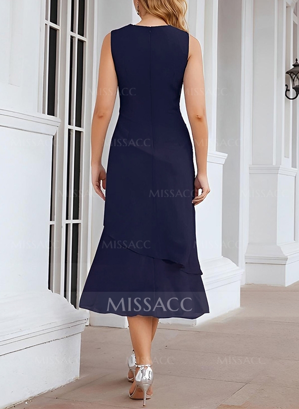 Sheath 3/4 Sleeves Mother Of The Bride Dresses With Chiffon Tea-Length Cascading Ruffles And Jacket