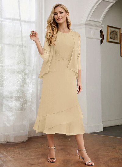 Sheath 3/4 Sleeves Mother Of The Bride Dresses With Chiffon Tea-Length Cascading Ruffles And Jacket