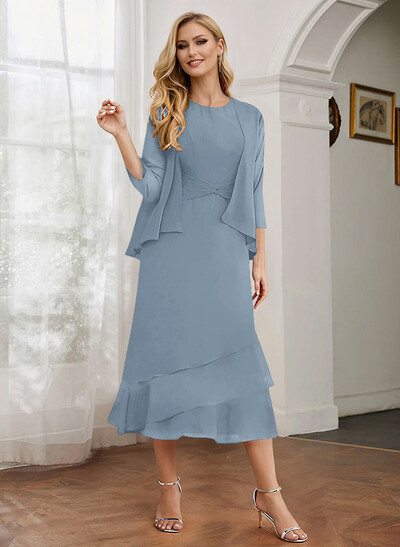 Sheath 3/4 Sleeves Mother Of The Bride Dresses With Chiffon Tea-Length Cascading Ruffles And Jacket