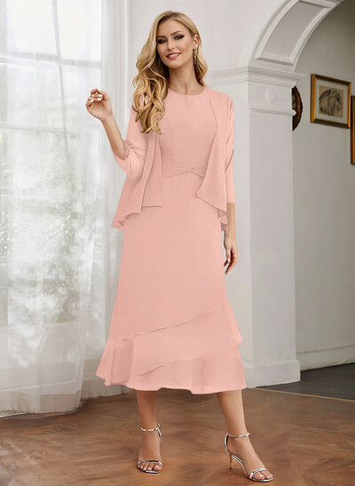 Sheath 3/4 Sleeves Mother Of The Bride Dresses With Chiffon Tea-Length Cascading Ruffles And Jacket