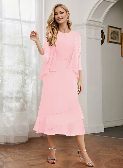 Sheath 3/4 Sleeves Mother Of The Bride Dresses With Chiffon Tea-Length Cascading Ruffles And Jacket