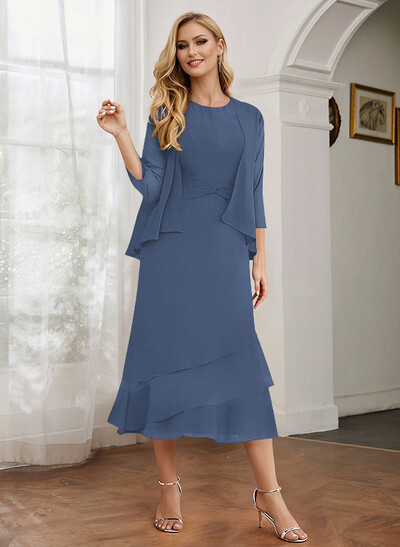 Sheath 3/4 Sleeves Mother Of The Bride Dresses With Chiffon Tea-Length Cascading Ruffles And Jacket