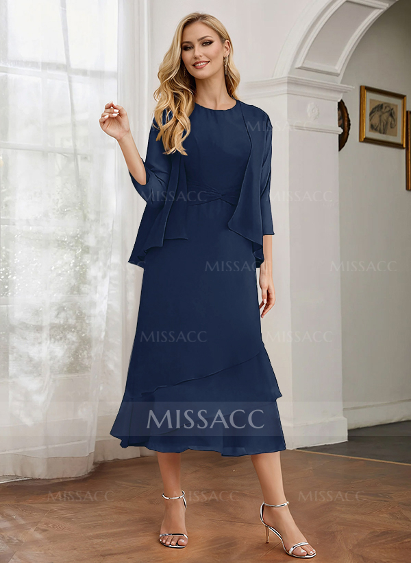 Sheath 3/4 Sleeves Mother Of The Bride Dresses With Chiffon Tea-Length Cascading Ruffles And Jacket
