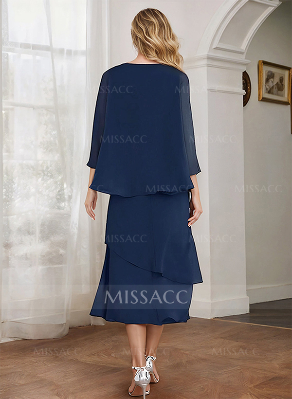 Sheath 3/4 Sleeves Mother Of The Bride Dresses With Chiffon Tea-Length Cascading Ruffles And Jacket