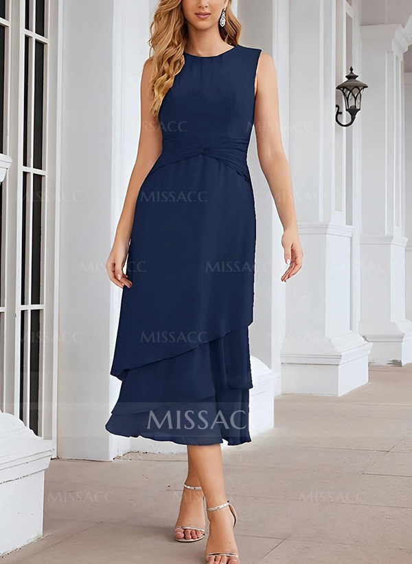 Sheath 3/4 Sleeves Mother Of The Bride Dresses With Chiffon Tea-Length Cascading Ruffles And Jacket
