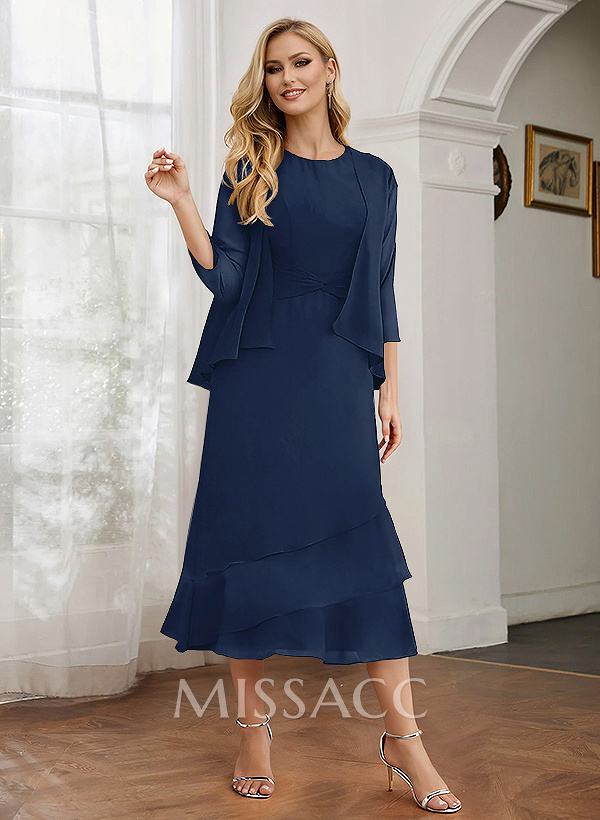Sheath 3/4 Sleeves Mother Of The Bride Dresses With Chiffon Tea-Length Cascading Ruffles And Jacket