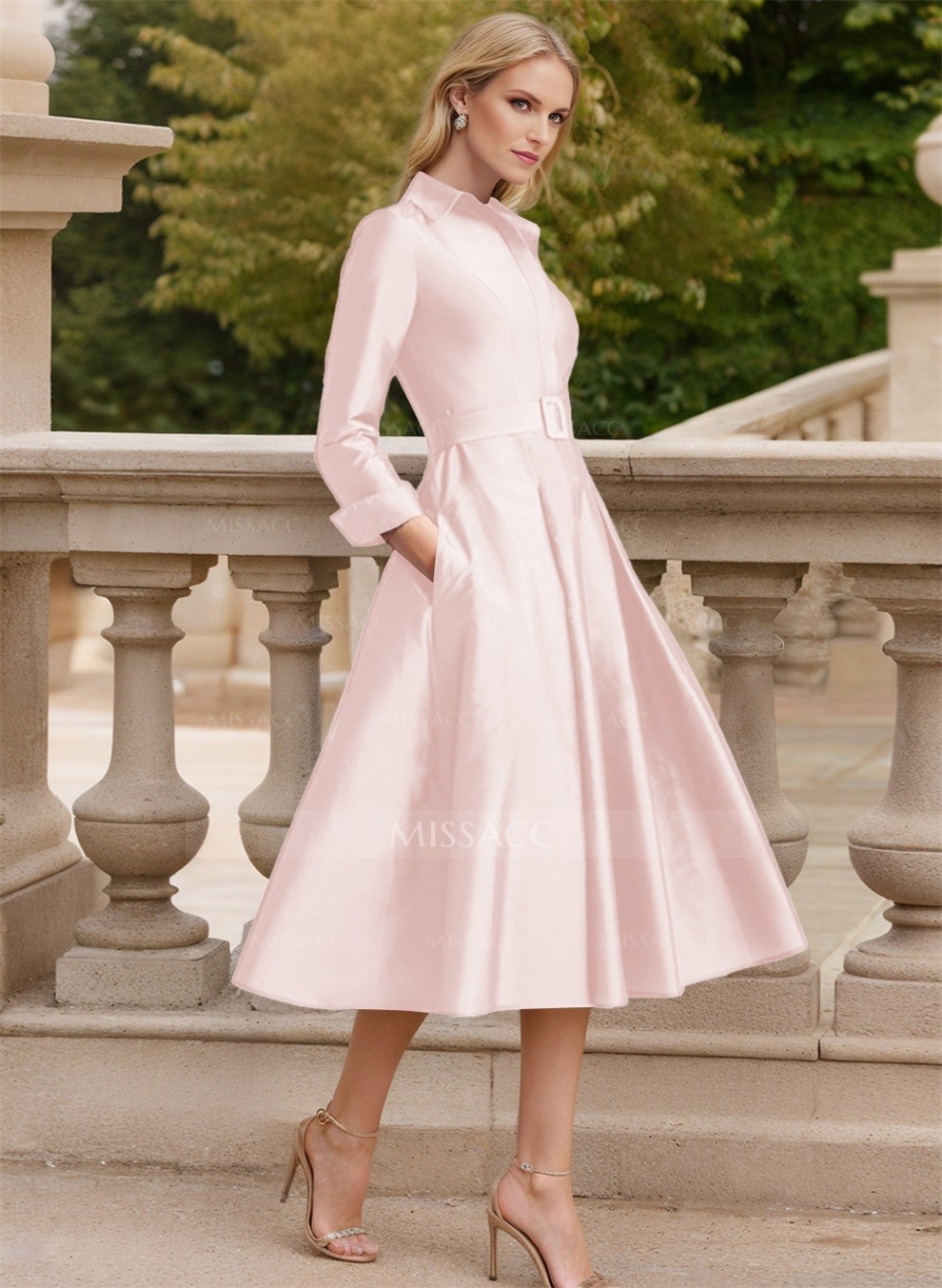 Satin V-Neck Tea Length A-Line Dress