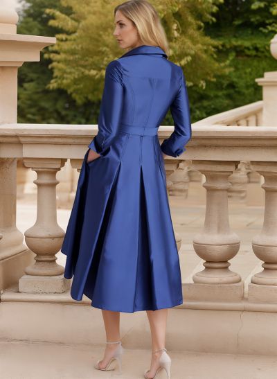 A-Line V-Neck Long Sleeves Tea-Length Satin Cocktail Dresses With Pockets