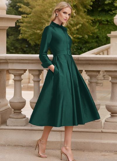 Long Sleeves A-Line Satin V-Neck Mother Of The Bride Dresses