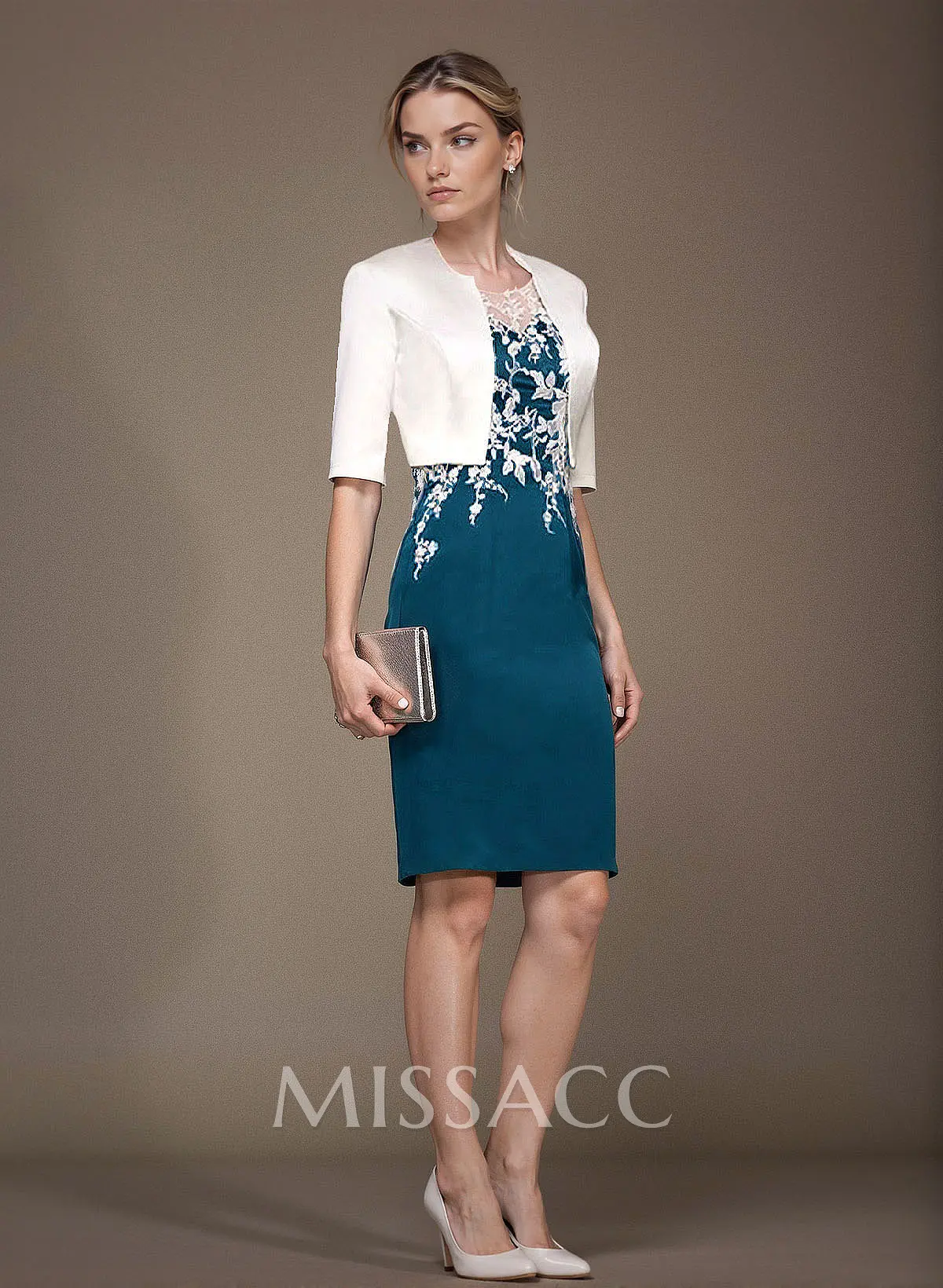 knee length sheath dress with jacket Stacees Mother of the Bride or Groom Dresses Scoop Neck Knee-Length Elastic Satin Lace Jacket