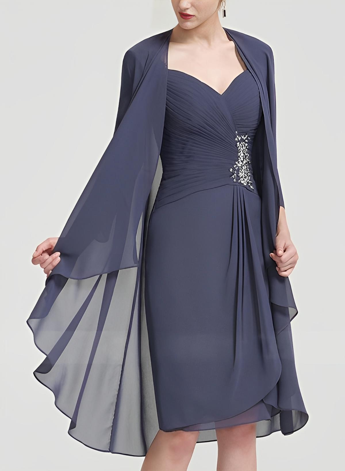 Sheath/Column Sweetheart Knee-Length Chiffon Mother Of The Bride Dress With Beading Pleated Appliques Lace