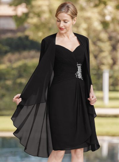 Sheath/Column Sweetheart Knee-Length Chiffon Mother Of The Bride Dress With Beading Pleated Appliques Lace