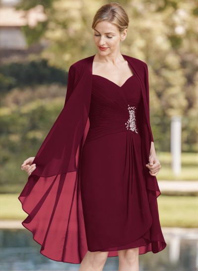 Sheath/Column Sweetheart Knee-Length Chiffon Mother Of The Bride Dress With Beading Pleated Appliques Lace