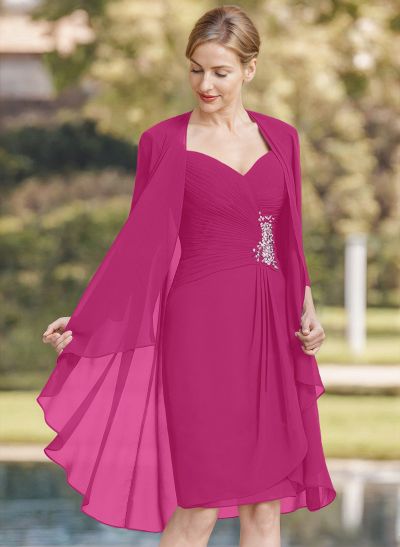 Sheath/Column Sweetheart Knee-Length Chiffon Mother Of The Bride Dress With Beading Pleated Appliques Lace