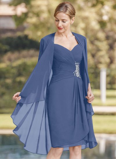 Sheath/Column Sweetheart Knee-Length Chiffon Mother Of The Bride Dress With Beading Pleated Appliques Lace