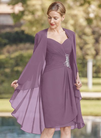 Sheath/Column Sweetheart Knee-Length Chiffon Mother Of The Bride Dress With Beading Pleated Appliques Lace