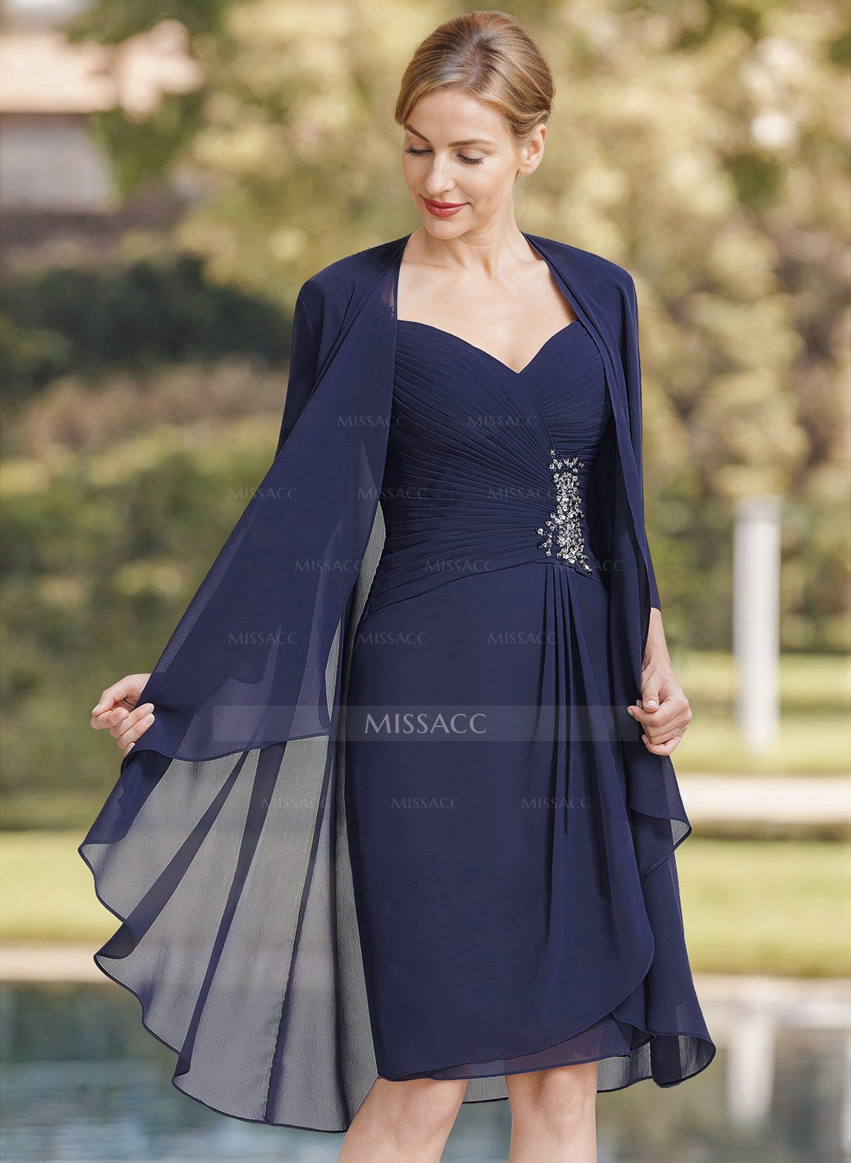 Sheath/Column Sweetheart Knee-Length Chiffon Mother Of The Bride Dress With Beading Pleated Appliques Lace