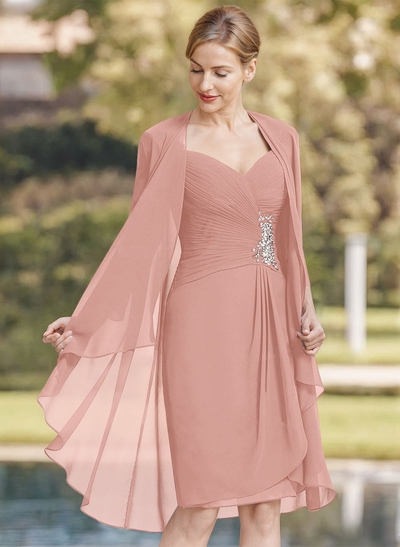 Sheath/Column Sweetheart Knee-Length Chiffon Mother Of The Bride Dress With Beading Pleated Appliques Lace