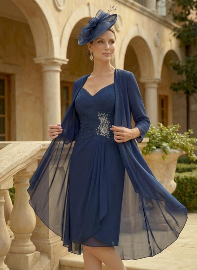 Sheath/Column Sweetheart Knee-Length Chiffon Mother Of The Bride Dress With Beading Pleated Appliques Lace