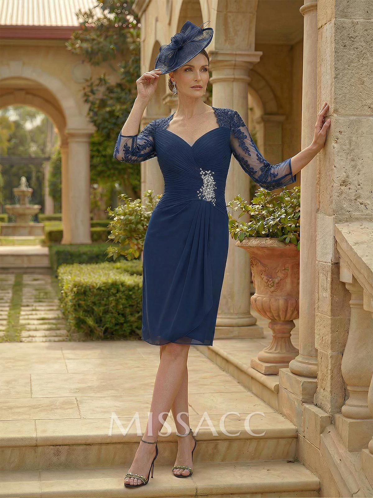Sheath/Column Sweetheart Knee-Length Chiffon Mother Of The Bride Dress With Beading Pleated Appliques Lace Sheath/Column Sweetheart Knee-Length Chiffon Mother Of The Bride Dress With Beading Pleated Appliques Lace