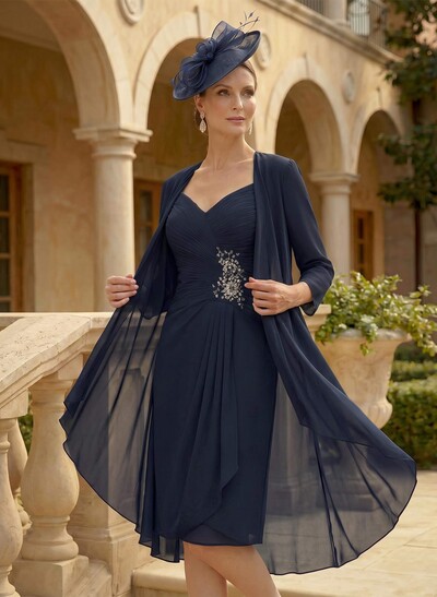 Sheath/Column Sweetheart Knee-Length Chiffon Mother Of The Bride Dress With Beading Pleated Appliques Lace