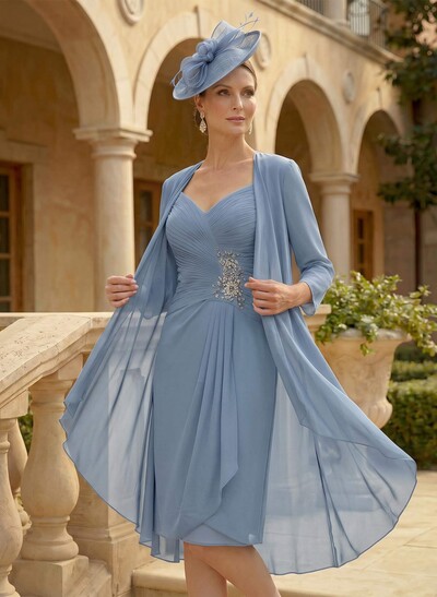 Sheath/Column Sweetheart Knee-Length Chiffon Mother Of The Bride Dress With Beading Pleated Appliques Lace