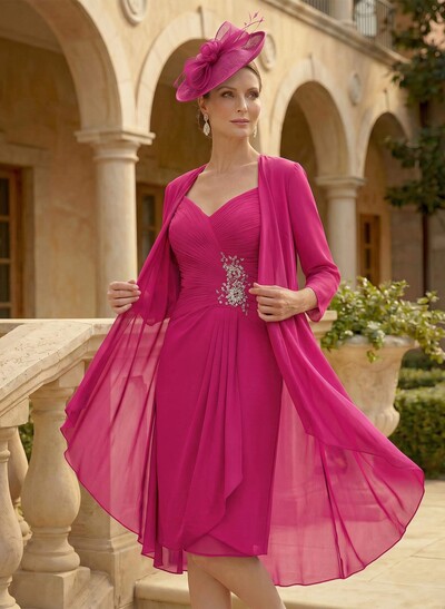 Sheath/Column Sweetheart Knee-Length Chiffon Mother Of The Bride Dress With Beading Pleated Appliques Lace