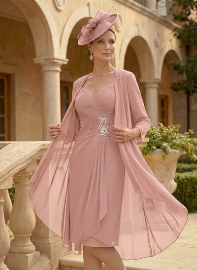 Sheath/Column Sweetheart Knee-Length Chiffon Mother Of The Bride Dress With Beading Pleated Appliques Lace