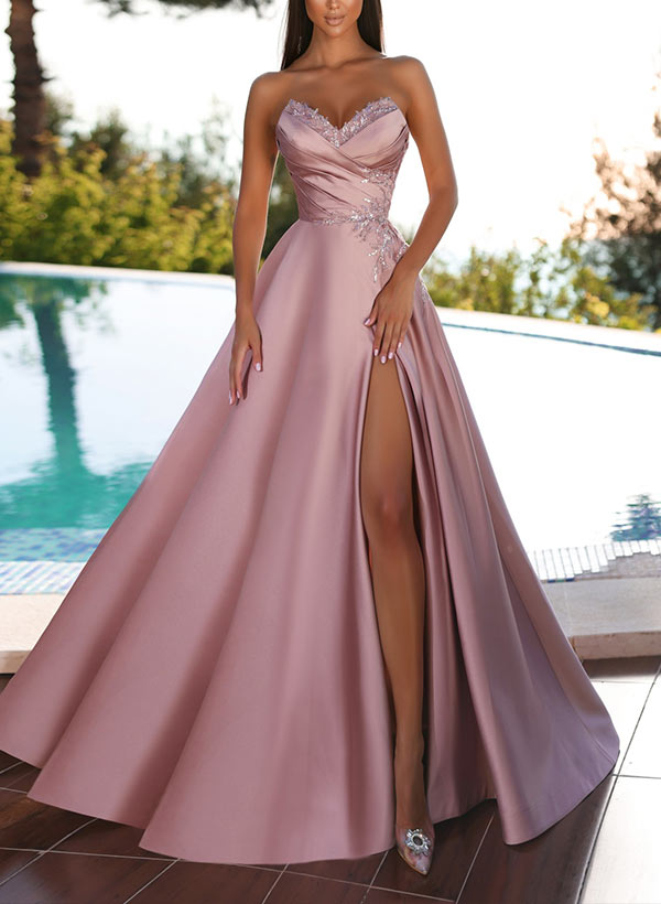 A-Line Sweetheart Floor-Length Satin Prom Dress With Beading