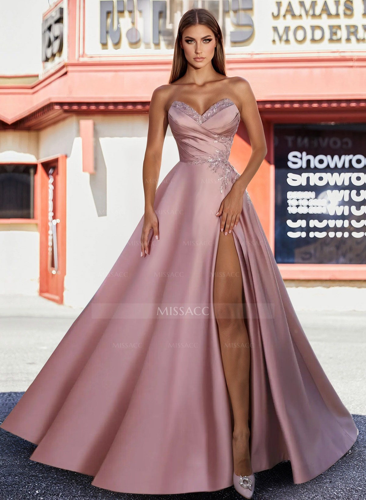 A-Line Sweetheart Floor-Length Satin Prom Dress With Beading
