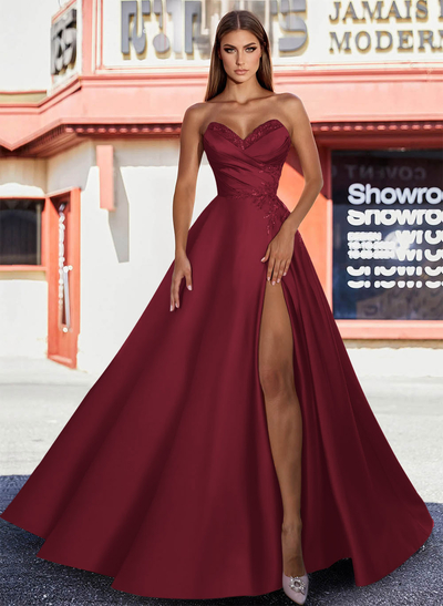 A-Line Sweetheart Floor-Length Satin Prom Dress With Beading