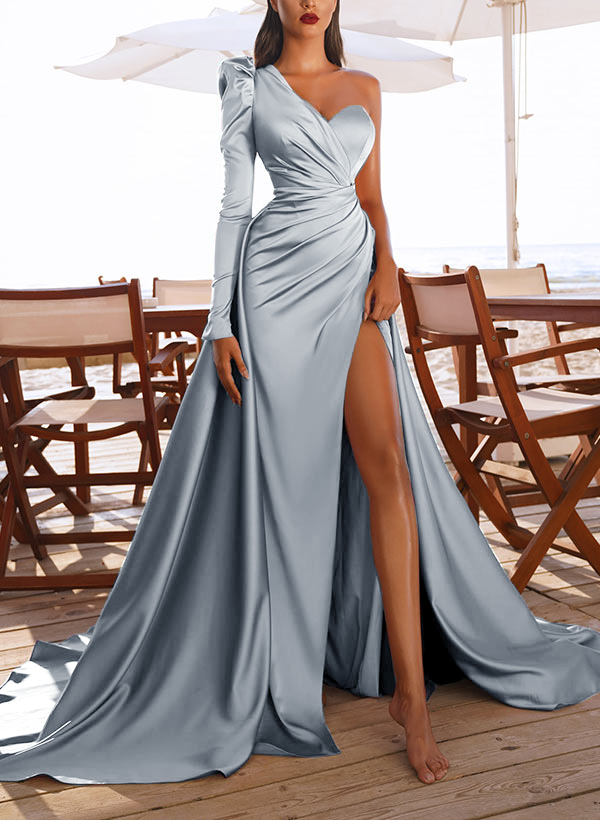 Sheath/Column One-Shoulder Long Sleeves Satin Prom Dress With Split Front