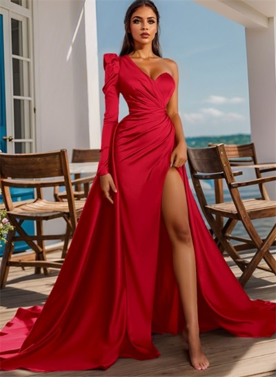 Sheath/Column One-Shoulder Long Sleeves Satin Evening Dress With High Split