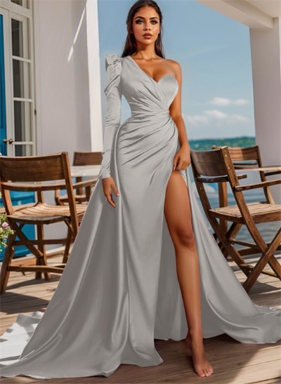 Sheath/Column One-Shoulder Long Sleeves Satin Evening Dress With High Split