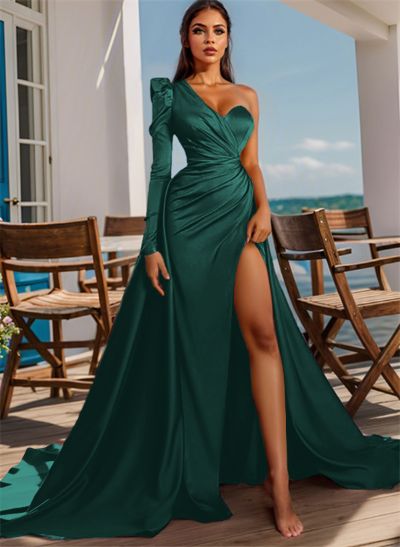 Sheath/Column One-Shoulder Long Sleeves Satin Evening Dress With High Split