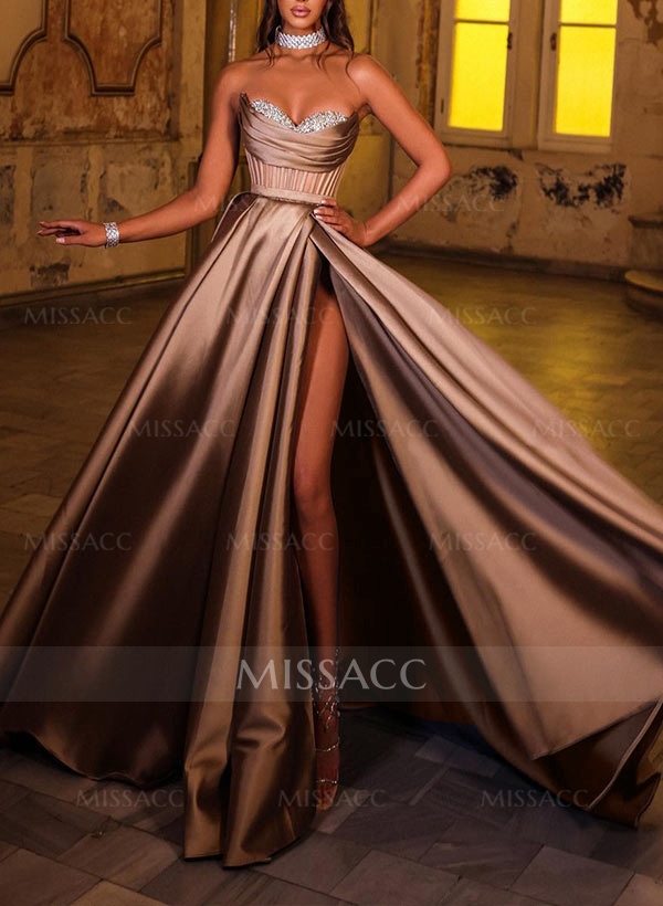 A-Line Sweetheart Floor-Length Satin Prom Dress With High Split