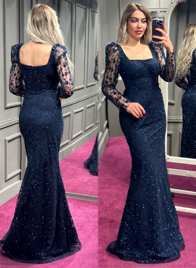 Square Neckline Long Sleeves Prom Dresses With Sequined