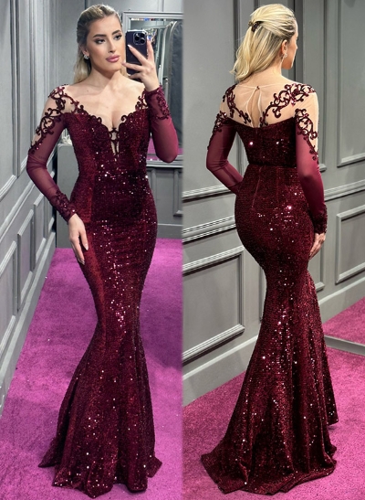 V-Neck Mermaid Long Sleeves Prom Dresses With Appliques Lace