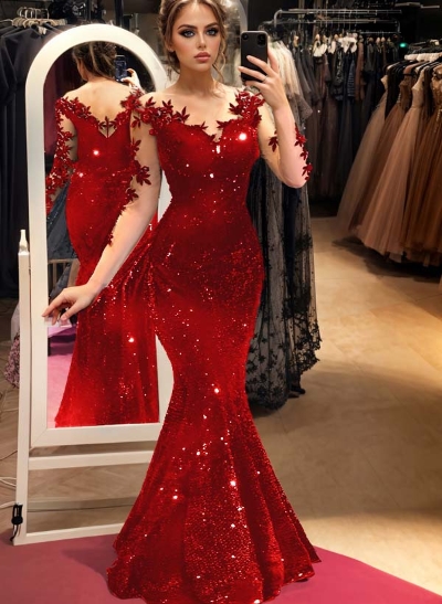 Trumpet/Mermaid Illusion Neck Long Sleeves Sweep Train Velvet Sequin Prom Dresses With Appliques Lace