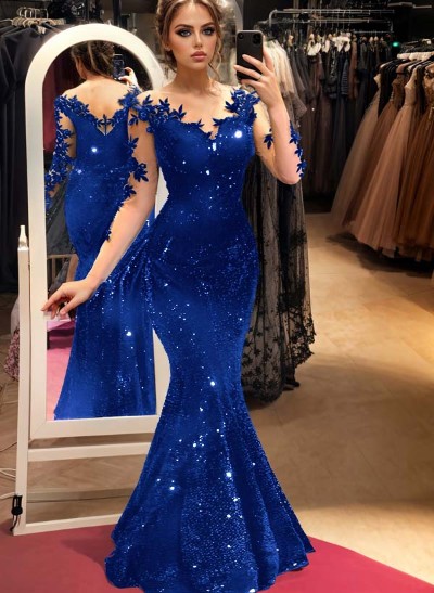 Trumpet/Mermaid Illusion Neck Long Sleeves Sweep Train Velvet Sequin Prom Dresses With Appliques Lace